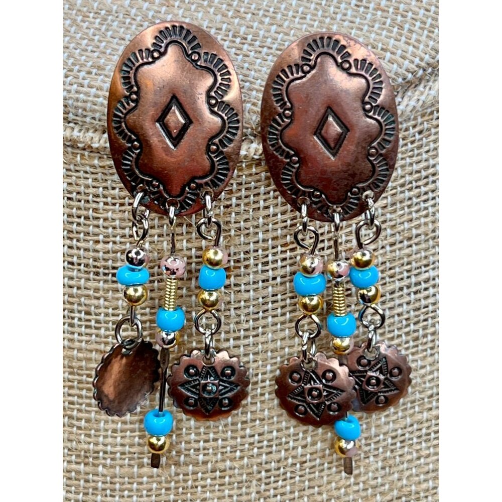 Vintage Copper & Turquoise Beaded Dangle Earrings With Geometric Design & Tribal - Picture 11 of 11